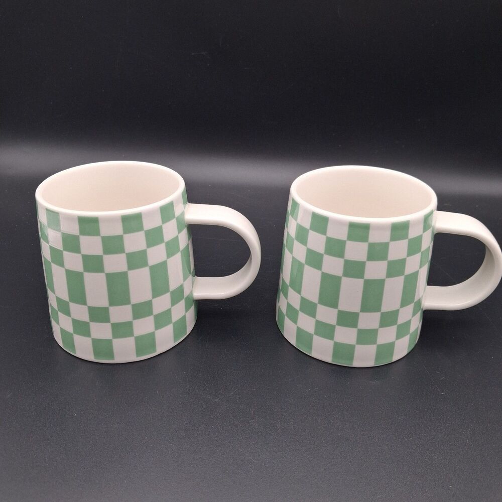 Room Essentials Mint Green Checkerboard Stoneware 16 OZ Coffee Mugs X 2